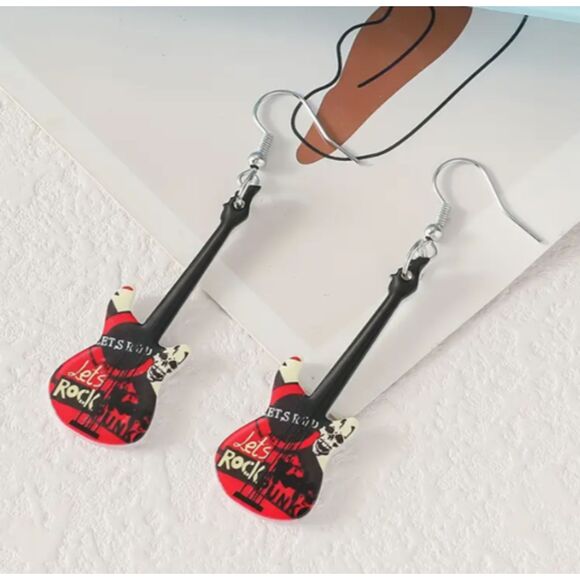 RED Rock Electric Guitar Earrings Music Concert Skull - Picture 3 of 3